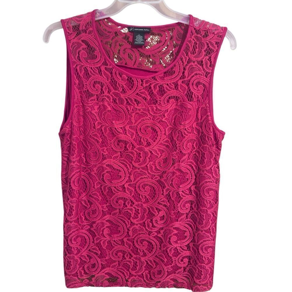 Adrianna Papell Lacey Crochet Overlay Tank Blouse Moroccan Ruby Red Sz L